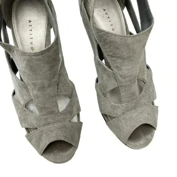 Attitude Strappy Chunky Platform Heels Caged Open Toe Shoe Y2K Faux Suede Grey 7 - Picture 12 of 15
